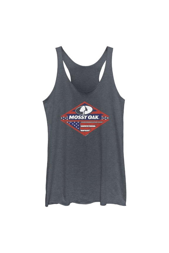 Women's Mossy Oak Patriotic Forest Logo Racerback Tank Top Navy Blue Heather X Large