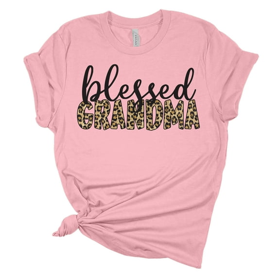 Women's Mother's Day Blessed Grandma Leopard Print Short Sleeve T-shirt Graphic Tee-Pink-4xl