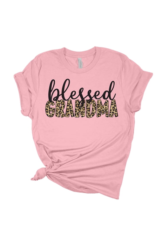 Women's Mother's Day Blessed Grandma Leopard Print Short Sleeve T-shirt Graphic Tee-Pink-large