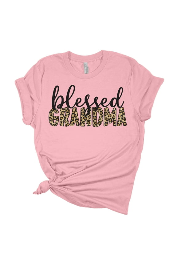 Women's Mother's Day Blessed Grandma Leopard Print Short Sleeve T-shirt Graphic Tee-Pink-xxl