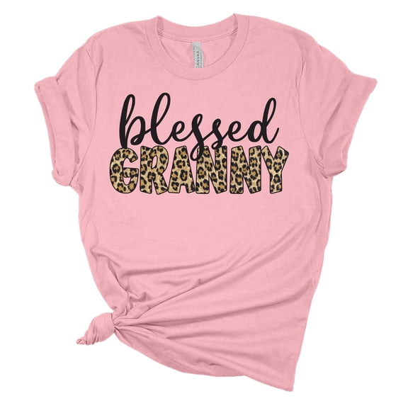 Women's Mother's Day Blessed Granny Leopard Print Short Sleeve T-shirt Graphic Tee-Pink-small