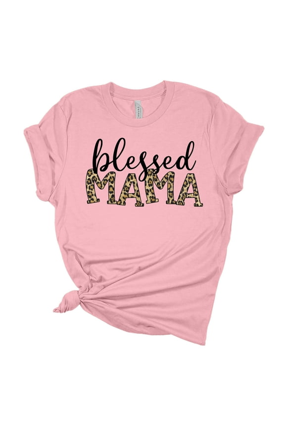 Women's Mother's Day Blessed Mama Leopard Print Short Sleeve T-shirt Graphic Tee-Pink-4xl