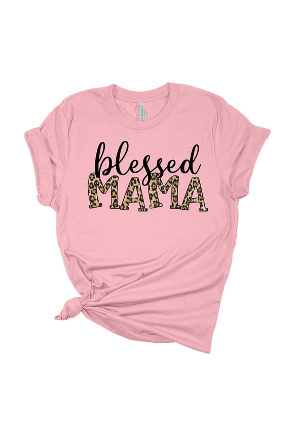 Women's Mother's Day Blessed Mama Leopard Print Short Sleeve T-shirt Graphic Tee-Pink-xl
