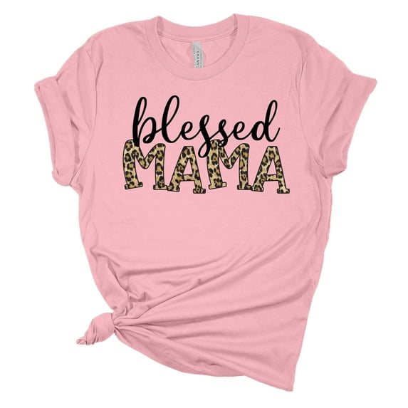 Women's Mother's Day Blessed Mama Leopard Print Short Sleeve T-shirt Graphic Tee-Pink-xxxl