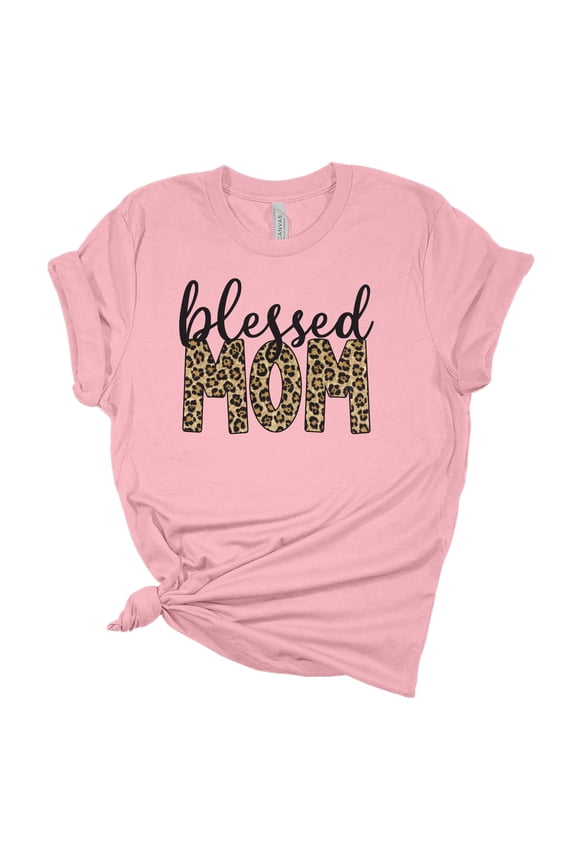 Women's Mother's Day Blessed Mom Leopard Print Short Sleeve T-shirt Graphic Tee-Pink-xxl