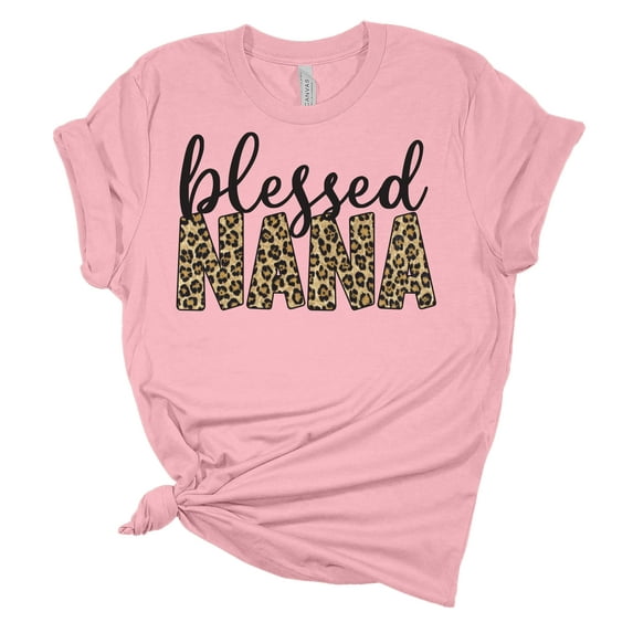 Women's Mother's Day Blessed Nana Leopard Print Short Sleeve T-shirt Graphic Tee-Pink-6xl