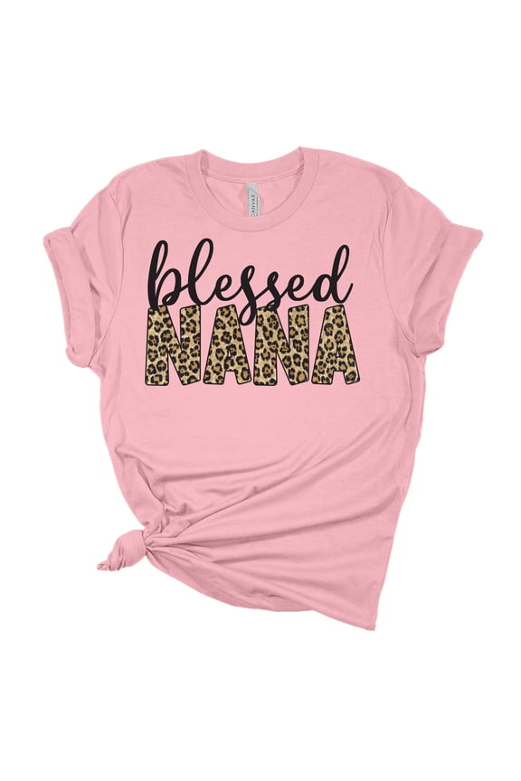 Women's Mother's Day Blessed Nana Leopard Print Short Sleeve T-shirt Graphic Tee-Pink-xxl