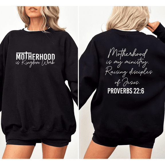 Women's "Motherhood Is Kingdom Work" Proverbs-Themed Graphic Sweatshirt Cozy Round-neck long-sleeved Black S-3XL
