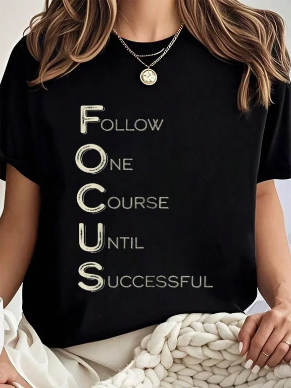 Women's Motivational FOCUS Graphic T-Shirt Follow One Course Until Successful Inspirational Black Short Sleeve Crew Neck Tee