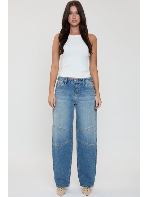 Women's Moto Relaxed Rise Baggy Barrel Jeans with Seam Detail