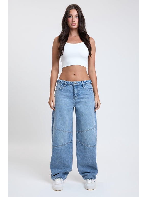 Women's Moto Relaxed Rise Baggy Barrel Jeans with Seam Detail