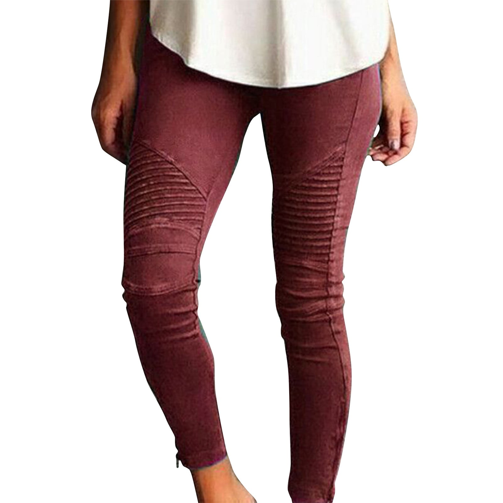 Women's Moto Jegging Biker Skinny Ankle Zipper Pleated Stretch Low Waist  Pencil Pants Pull-On Ultra Soft Trousers 