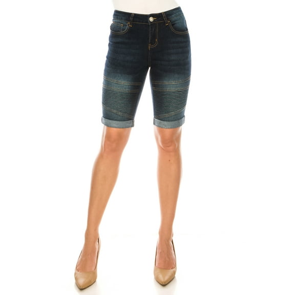 Women's Moto Style Denim Bermuda Shorts,Dark Wash,Rolled Cuff, Stretch Fit-ED-49043-Dk