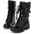 thumbnail image 1 of Women's Motorcycle Boots, Ladies Stylish Retro Combat Mid-calf Lace up Combat Boots with Studded Low Block Heels, 1 of 4