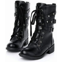 Women's Motorcycle Boots, Ladies Stylish Retro Combat Mid-calf Lace up Combat Boots with Studded Low Block Heels