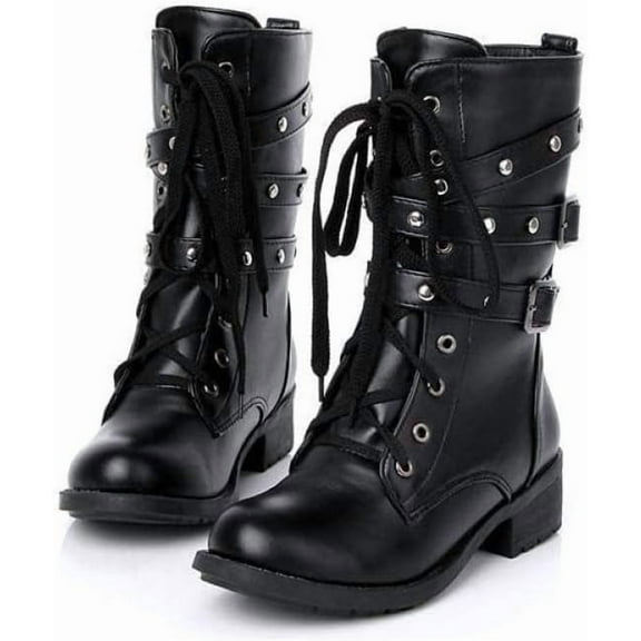 Women's Motorcycle Boots, Ladies Stylish Retro Combat Mid-calf Lace up Combat Boots with Studded Low Block Heels