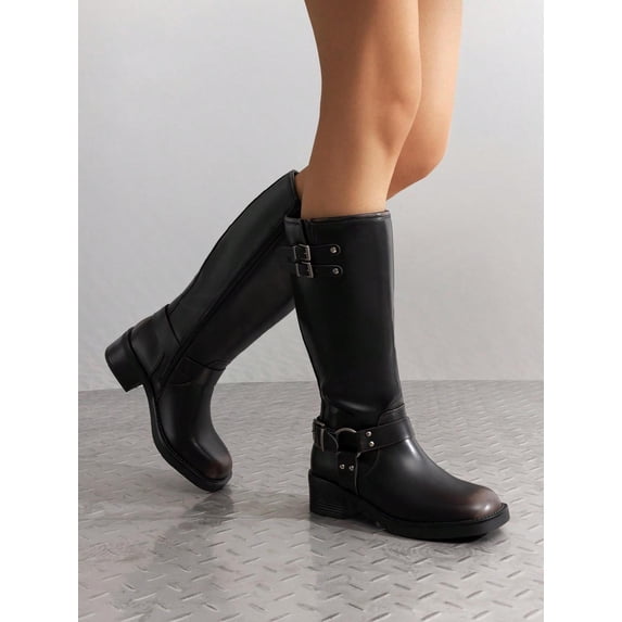 Women's Motorcycle Boots Side Zipper Knee High Square Toe Chunky Low Heel Buckle Decorated Festival Dresses Stylish Riding Boots