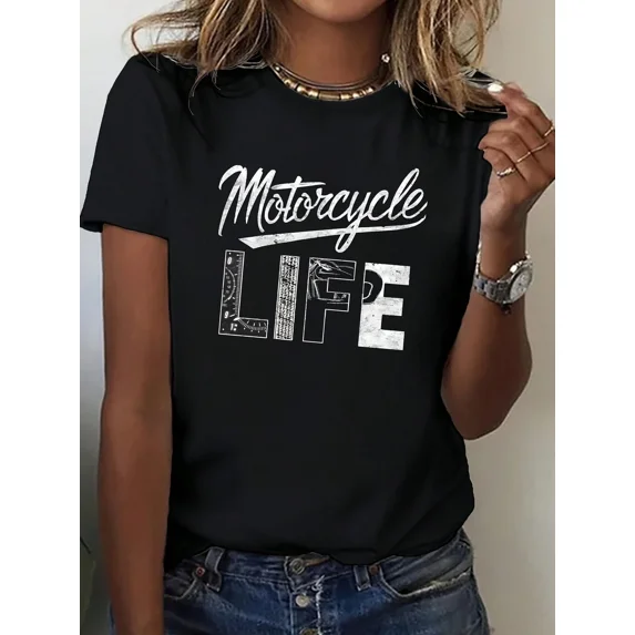 Women's Motorcycle LIFE T-Shirt, Short Sleeve, Round Neck, Casual Top, Motorcycle-Themed Print, Machine Washable, Daily Wear, Gift For Riding Lovers