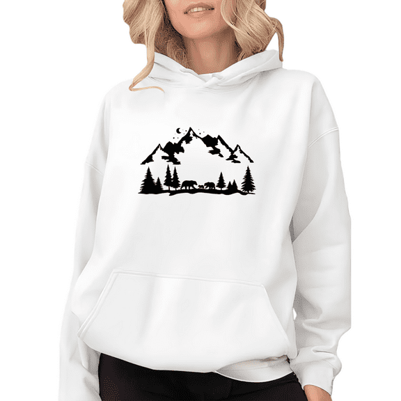 Women's Mountain Bear Graphic Comfortable Hoodie Casual Top Hooded long-sleeved White S-2XL