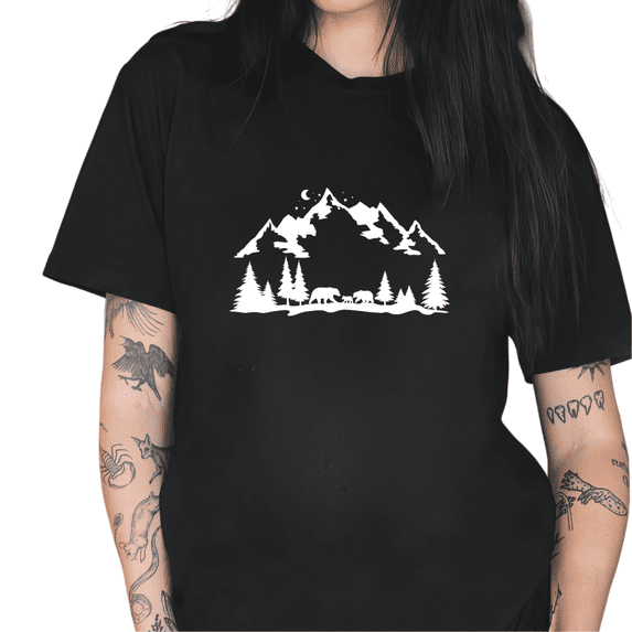 Women's Mountain Bear Graphic Comfortable T Shirt Casual Breathable Short Sleeve Round Neck Top Black S-5XL