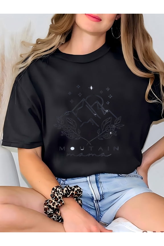 Women's Mountain Mama Graphic T-Shirt, Short Sleeve Casual Black Tee