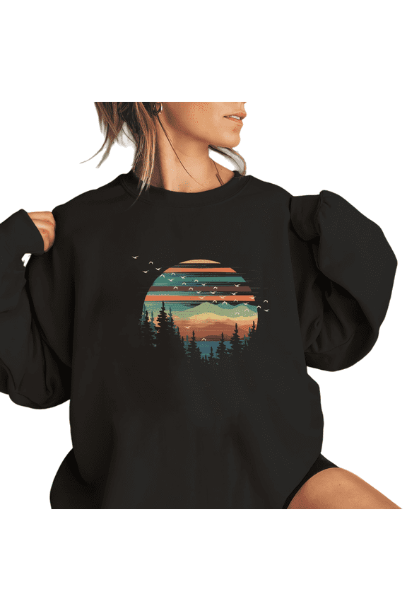 Women's Mountain Sunset Graphic Breathable Sweatshirt Top Comfortable Round-neck long-sleeved Black S-3XL