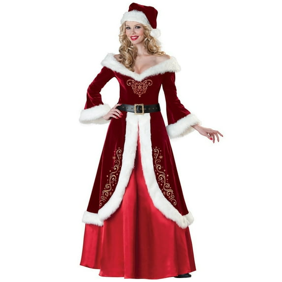 Women's Mrs. Santa Claus Costume, Plus Size Santa Helper Dresses With Hats