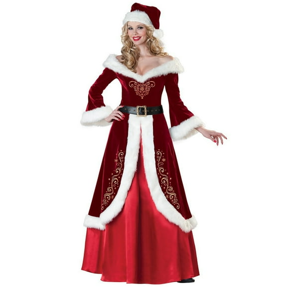Women's Mrs. Santa Claus Costume, Plus Size Santa Helper Dresses With Hats