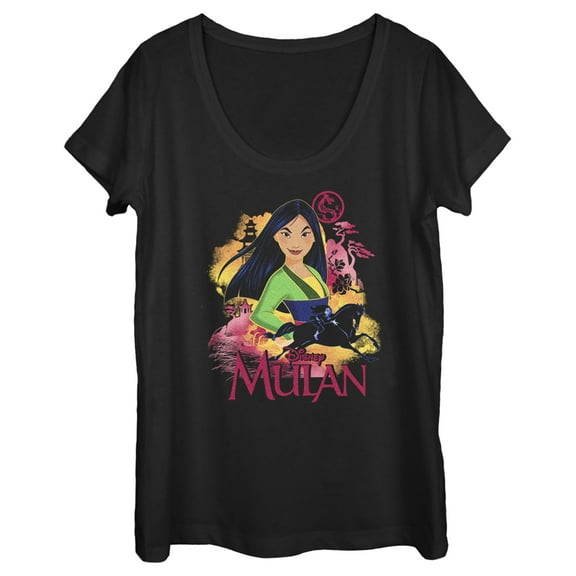 Women's Mulan Colorful Poster Scoop Neck Black Medium