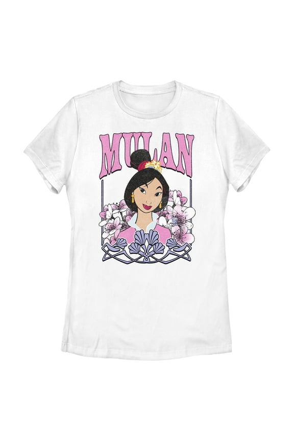 Women's Mulan Distressed Floral Portrait Graphic Tee White 2X Large