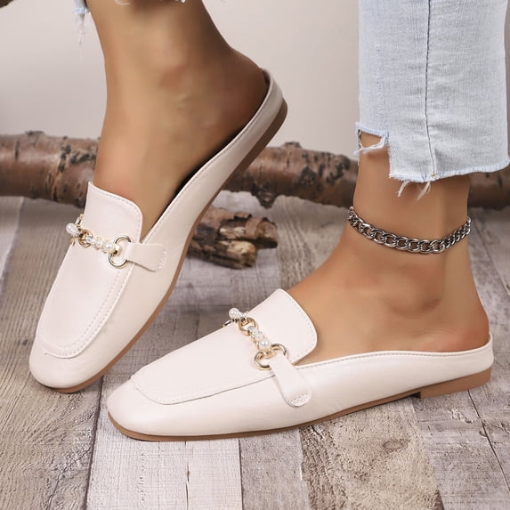 Women's Mules Flat Closed Toe Slippers with Pearl Charm Slip On Square Toe Comfortable Outdoor Casual Ladies Slippers