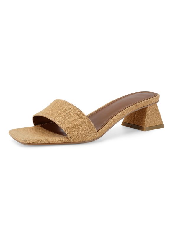 Women's Mules Sandals Square Open Toe Slip On Block Heel Sandals with Woven Strap Comfortable Casual Dress Shoes for Summer Work Party