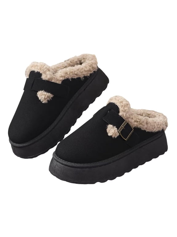 Women's Mules Suede Thick Sole Snow Slippers Fleece Lined Shoes Slip On Garden Clogs Indoor Outdoor Comfortable Winter Footwear