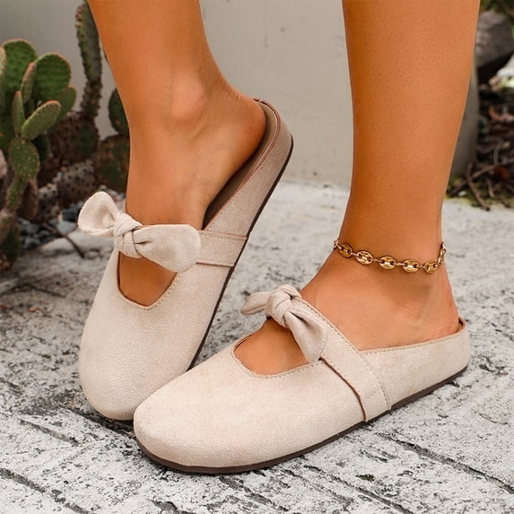 Women’s Mules Toe Suede Upper Double Bow Mary Jane Slip On Backless Ballet Mule Shoes Hidden Heel Round Toe Dress Flats for Spring Office Casual Daily Wear Business Travel Outfits