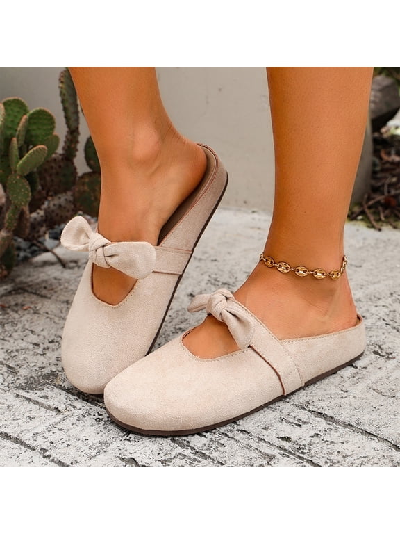 Women’s Mules Toe Suede Upper Double Bow Mary Jane Slip On Backless Ballet Mule Shoes Hidden Heel Round Toe Dress Flats for Spring Office Casual Daily Wear Business Travel Outfits