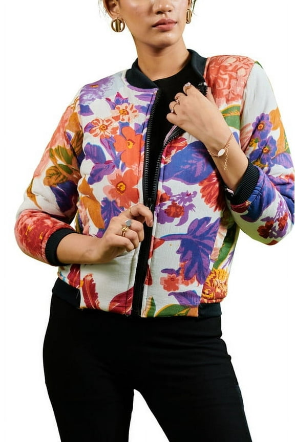Women's Multi-Color Floral Bomber Jacket – Stylish and Vibrant Outerwear for All Seasons