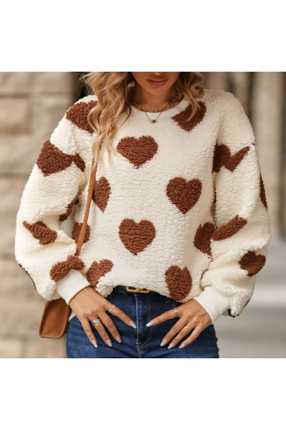 Women's Multi-Color Heart Print Fuzzy Sweater - Warm Winter Casual Wear
