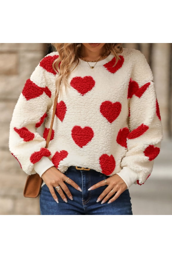 Women's Multi-Color Heart Print Fuzzy Sweater - Warm Winter Casual Wear