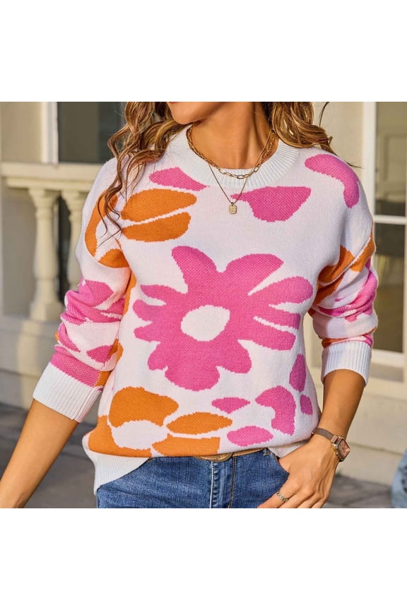 Women's Multi-Color Large Floral Print Sweater - Cozy Warm Winter Casual Daily Wear