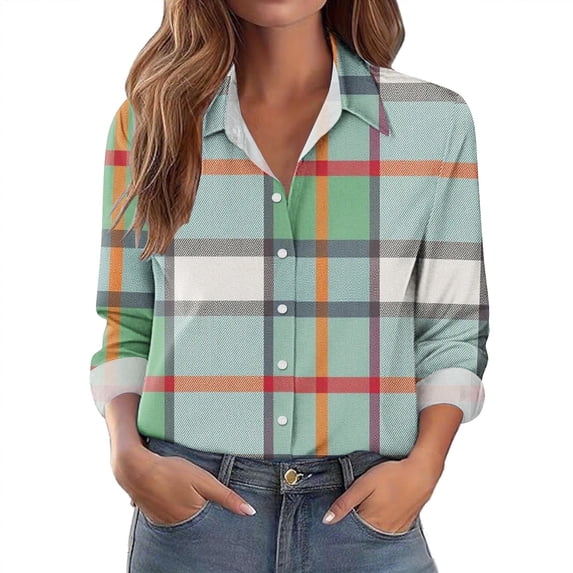 Women's Multi Color Plaid Shirts Long Sleeve Fashion Button Down Blouses Lightweight Stylish Loose Shirt Tops Outwear (M, Mint Green)