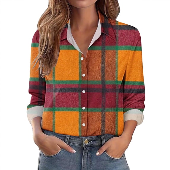 Women's Multi Color Plaid Shirts Long Sleeve Fashion Button Down Blouses Lightweight Stylish Loose Shirt Tops Outwear (M, Yellow)