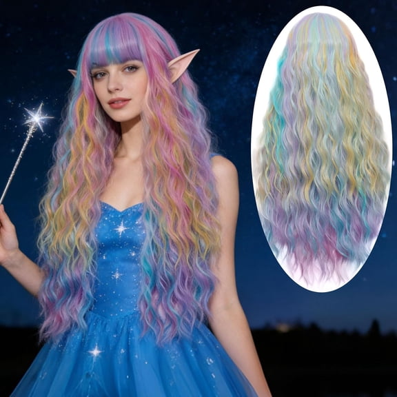 Women's Multi Color Rainbow Wig 27''Long Curly Wavy Wig Flat Bangs Wig For Women Cosplay Party Halloween Wig Cap Included (27''Multi Color Rainbow)