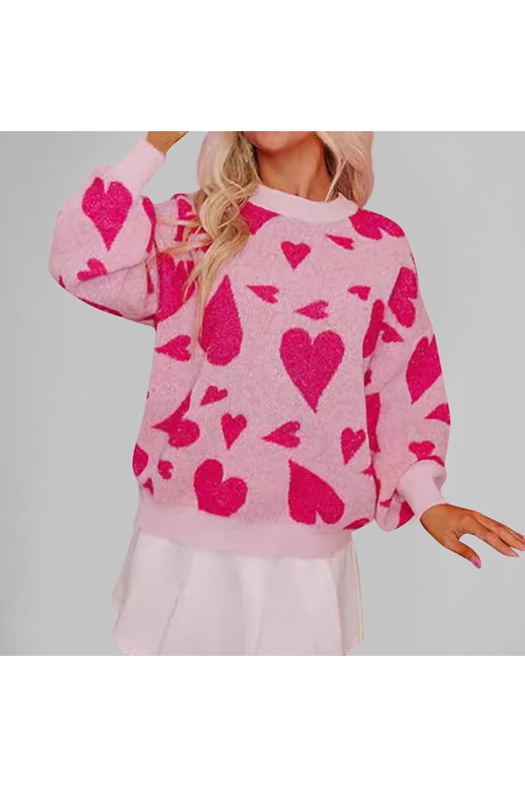 Women's Multi-Color Red Heart Print Long Sleeve Top - Loose Winter Casual Wear