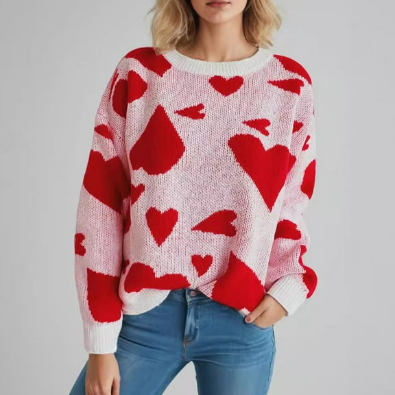 Women's Multi-Color Red Heart Print Long Sleeve Top - Loose Winter Casual Wear