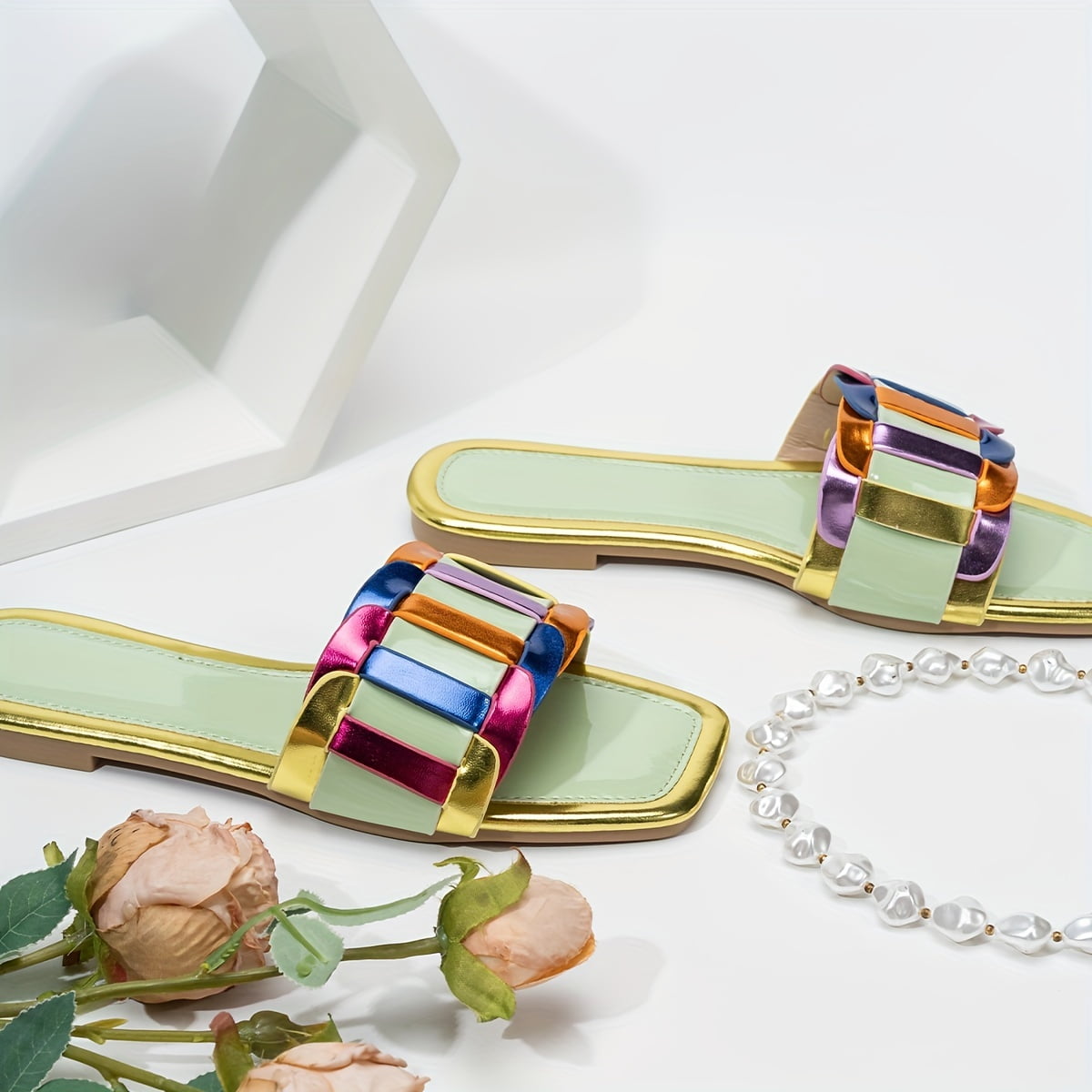 Women's Multi Color Strappy Back Slide Sandals, Casual Slip