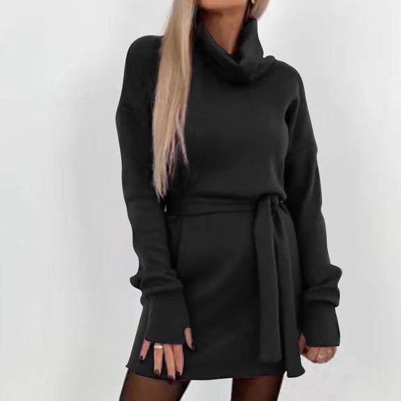 Women's Multi-Color Turtleneck Belted Dress - Warm Winter Casual Daily Wear