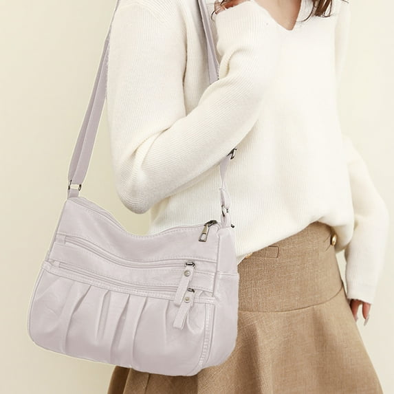 Women's Multi-Layer Pleated Shoulder Bag - Large Capacity Tote Purse, 27x20x12cm, PU Leather, White,Brown, Fashionable & Practical for Work,Travel,Daily Use