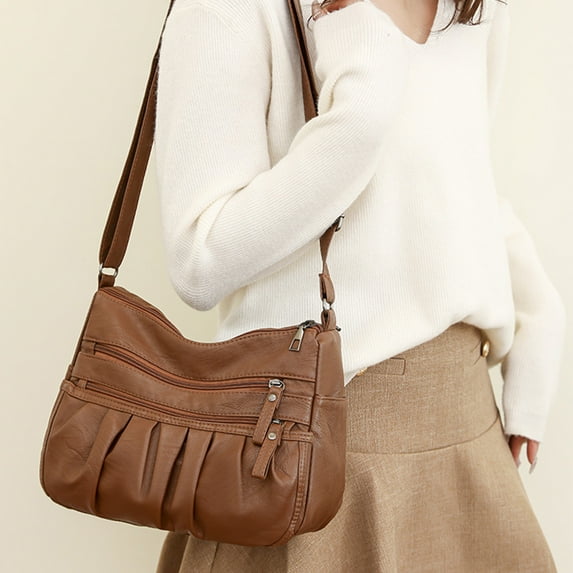 Women's Multi-Layer Pleated Shoulder Bag - Large Capacity Tote Purse, 27x20x12cm, PU Leather, White,Brown, Fashionable & Practical for Work,Travel,Daily Use