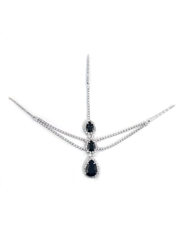 Women's Multi-Layered Rhinestone Head Chain with Black Water Drop Pendant