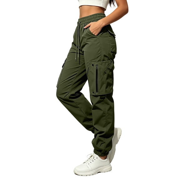 Women's Multi Pocket Cargo Jogger Pants Drawstring Elastic High Waist Lightweight Water Resistant Outdoor Fit Army Green L